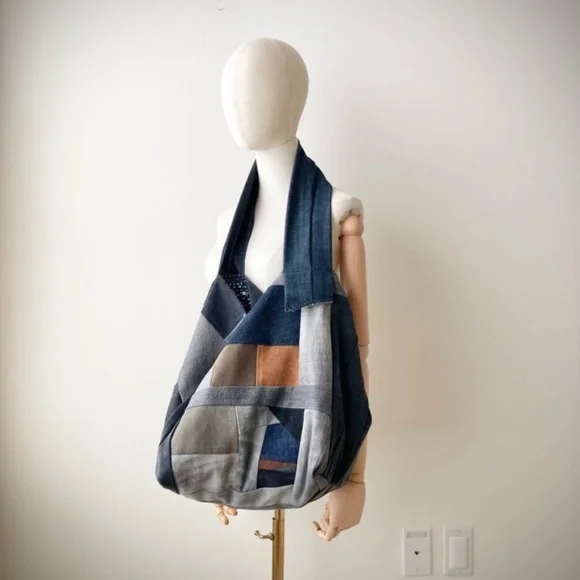 joodito japanese boro rustic patchwork denim crossbody bag shoulder hobo tote - Picture 5 of 8
